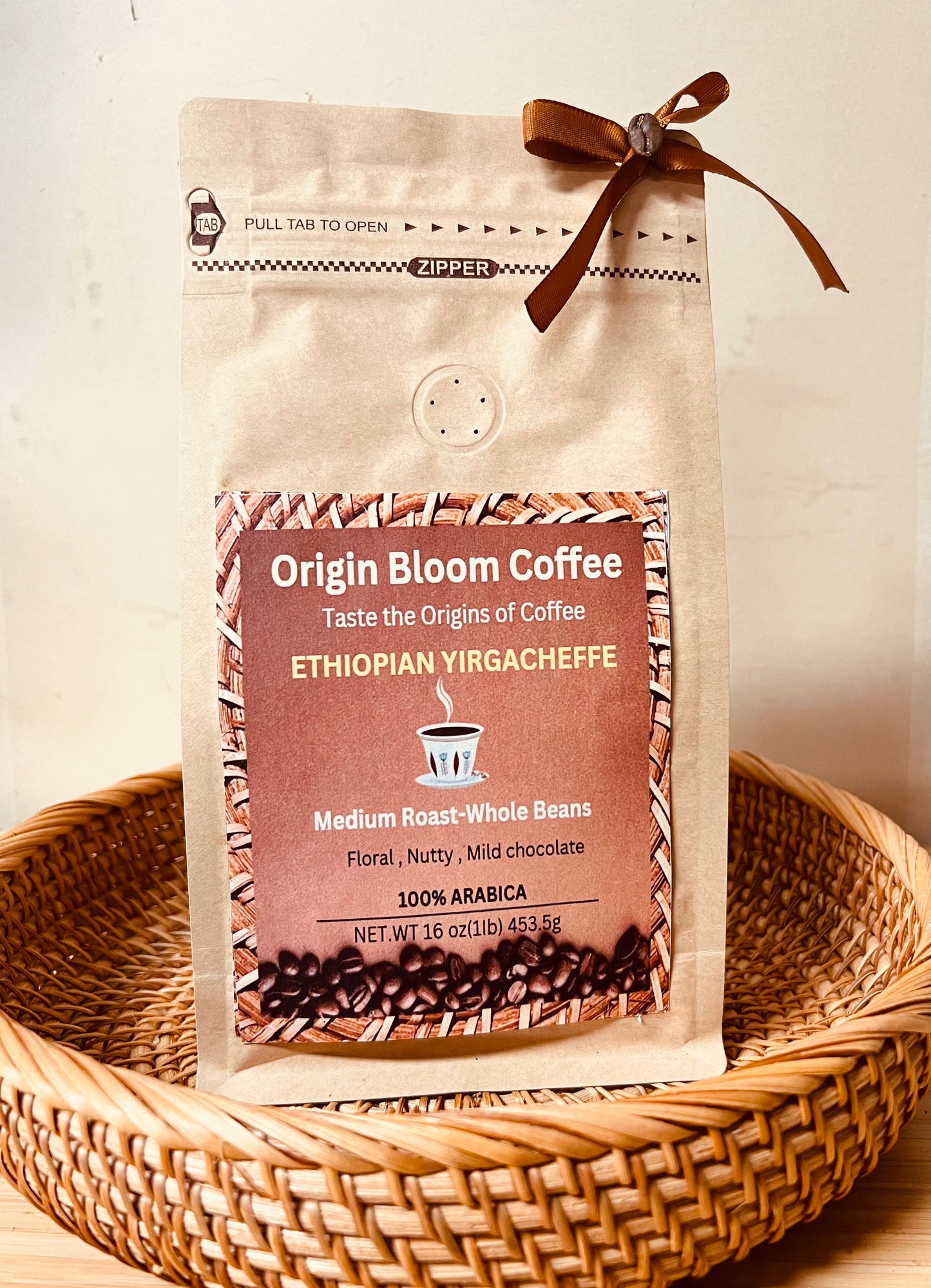 Ethiopian Yirgacheffee, Medium Roast Whole Beans, 16 oz