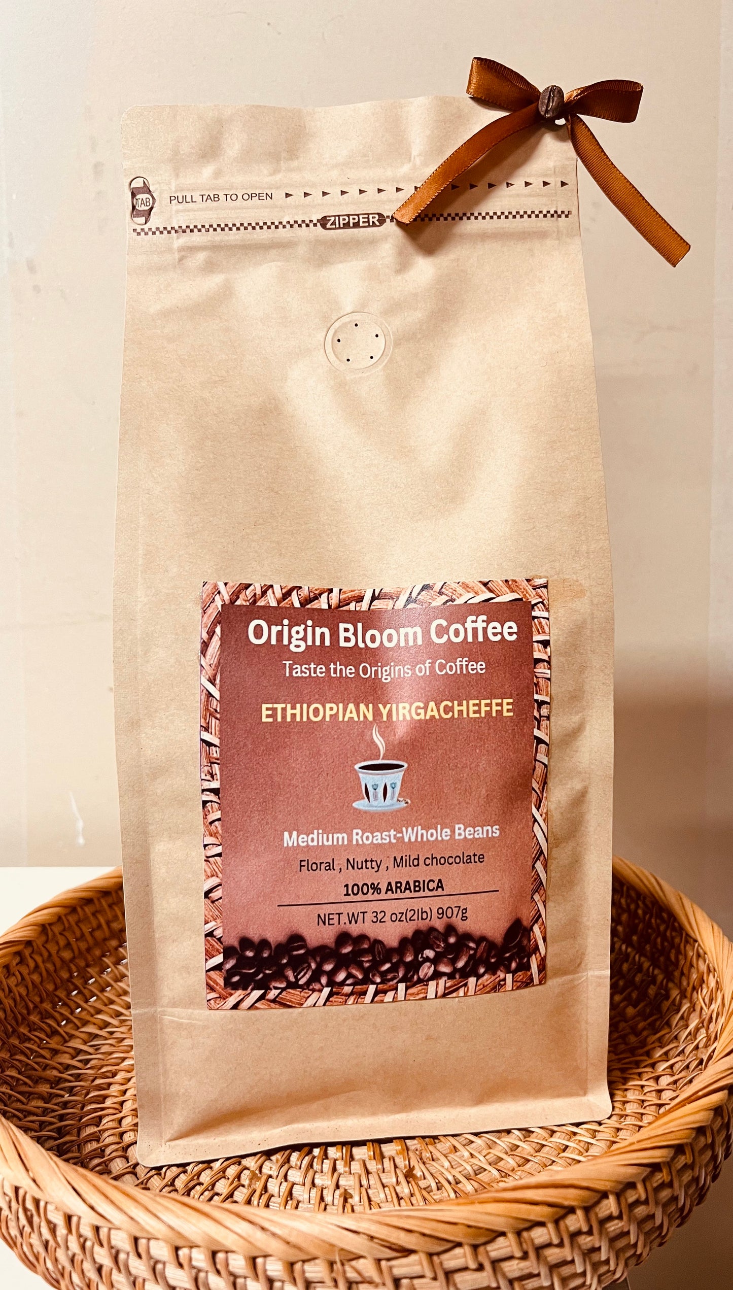 Ethiopian Yirgacheffee, Medium Roast Whole Beans, 32 oz