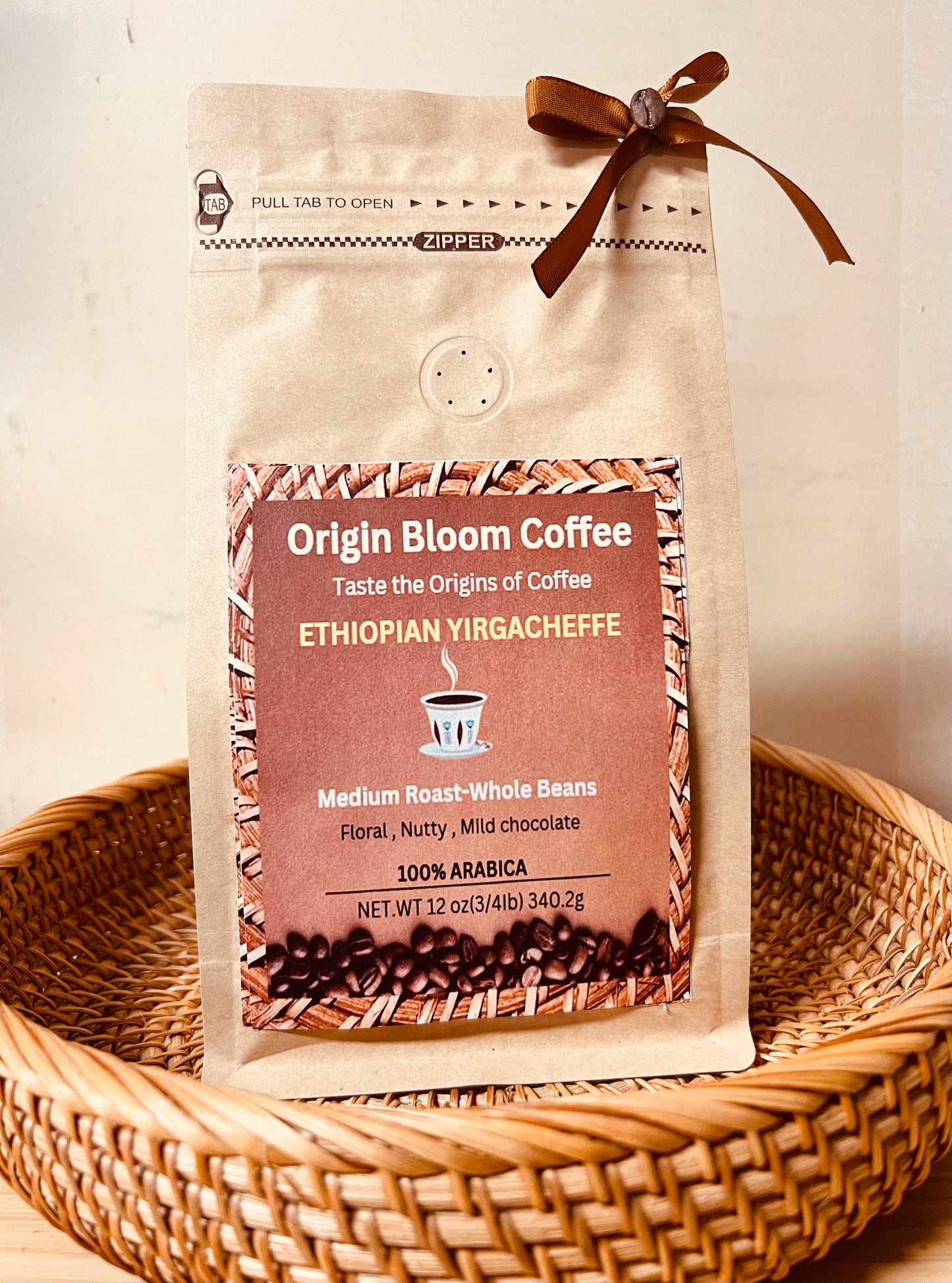 Ethiopian Yirgacheffee, Medium Roast Whole Beans, 12 oz